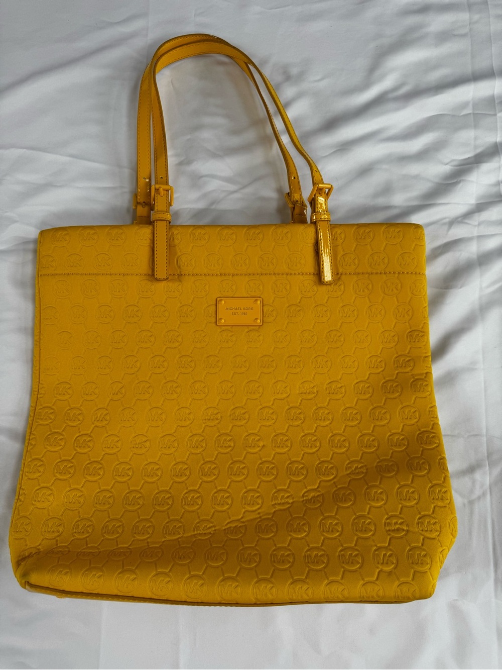 Michael Kors Signature Logo Embossed Neoprene Tote Shoulder Bag Yellow NWOT